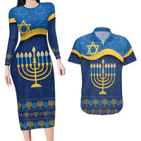 Love and Light Hanukkah Couples Matching Long Sleeve Bodycon Dress and Hawaiian Shirt The Hanukkiah Menorah Pattern LT9 - Wonder Print Shop