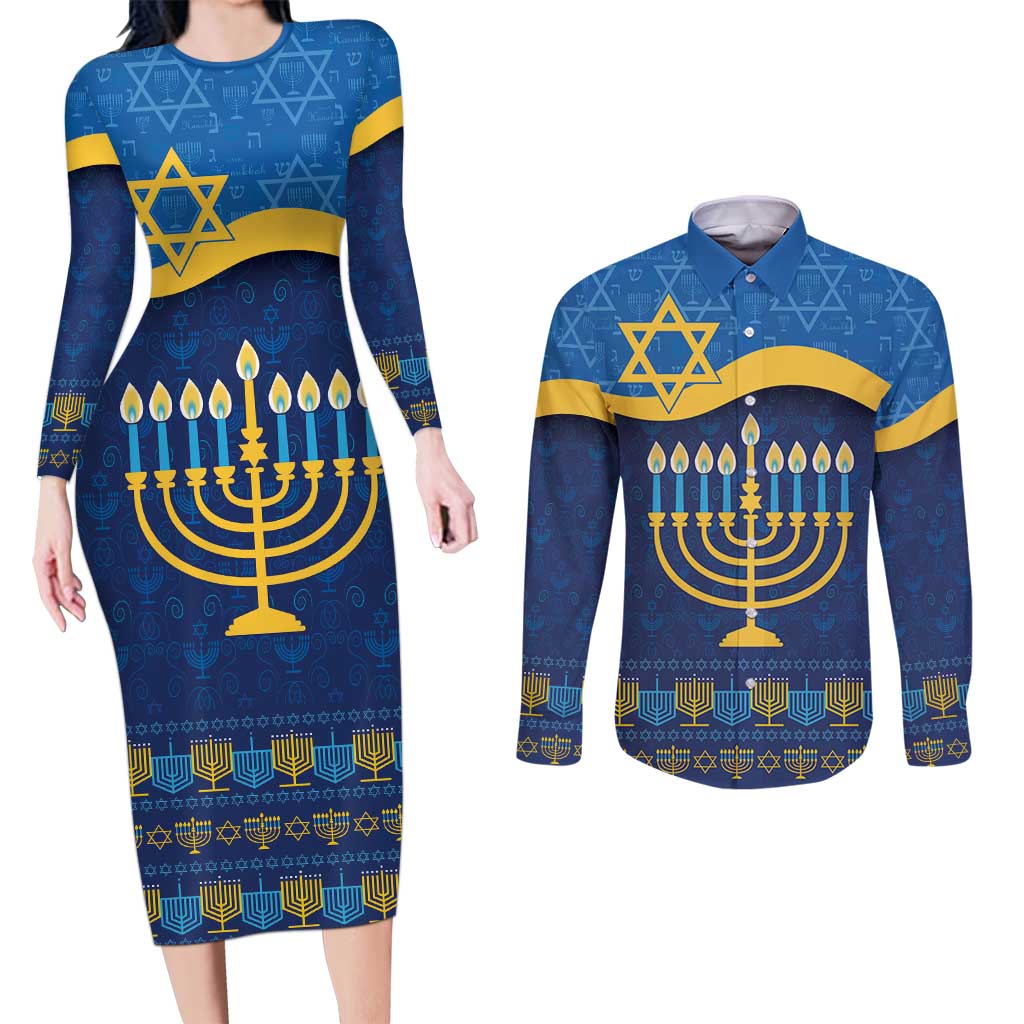 Love and Light Hanukkah Couples Matching Long Sleeve Bodycon Dress and Long Sleeve Button Shirt The Hanukkiah Menorah Pattern LT9 - Wonder Print Shop
