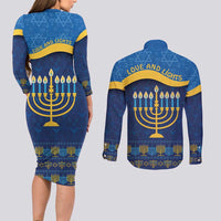 Love and Light Hanukkah Couples Matching Long Sleeve Bodycon Dress and Long Sleeve Button Shirt The Hanukkiah Menorah Pattern LT9 - Wonder Print Shop