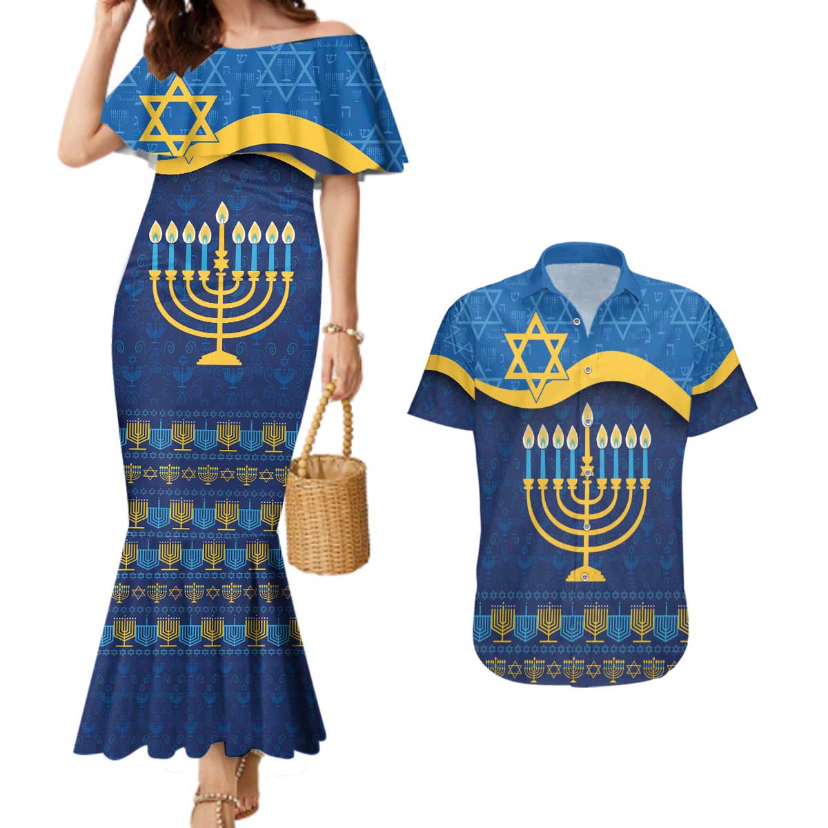 Love and Light Hanukkah Couples Matching Mermaid Dress and Hawaiian Shirt The Hanukkiah Menorah Pattern LT9 - Wonder Print Shop