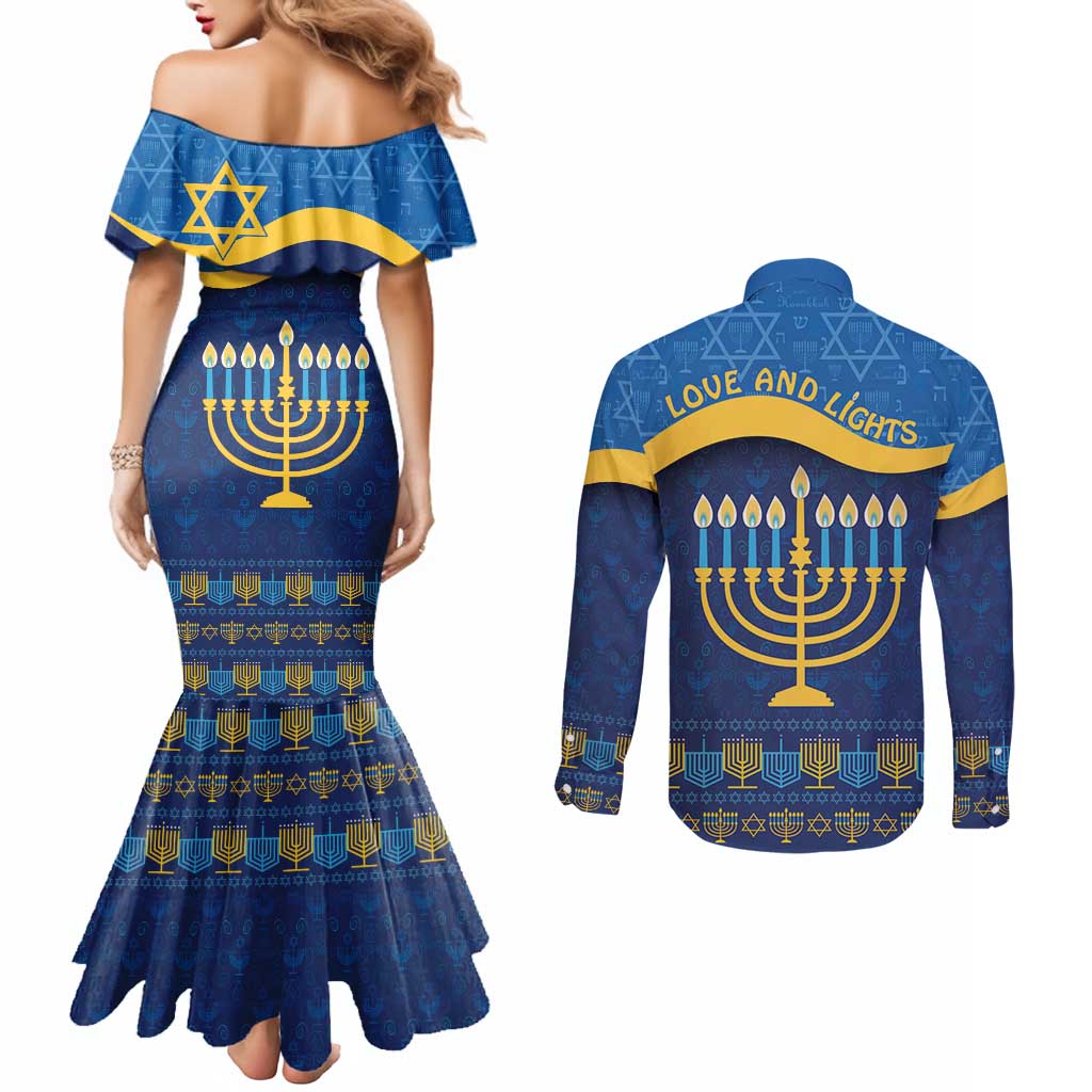Love and Light Hanukkah Couples Matching Mermaid Dress and Long Sleeve Button Shirt The Hanukkiah Menorah Pattern
