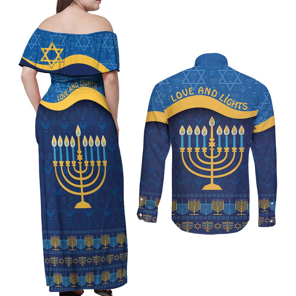 Love and Light Hanukkah Couples Matching Off Shoulder Maxi Dress and Long Sleeve Button Shirt The Hanukkiah Menorah Pattern LT9 - Wonder Print Shop