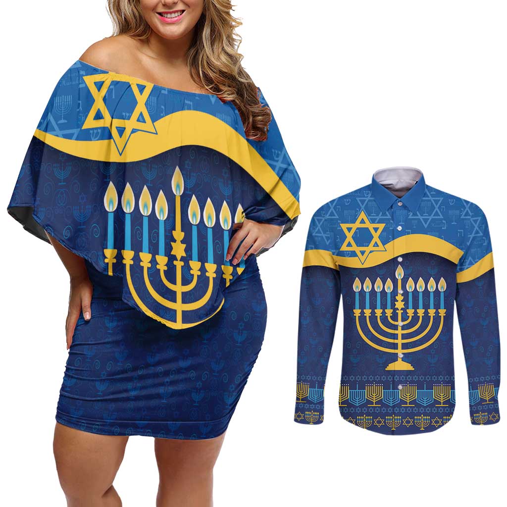 Love and Light Hanukkah Couples Matching Off Shoulder Short Dress and Long Sleeve Button Shirt The Hanukkiah Menorah Pattern LT9 - Wonder Print Shop