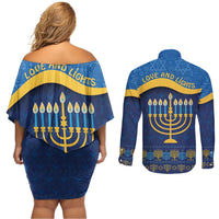 Love and Light Hanukkah Couples Matching Off Shoulder Short Dress and Long Sleeve Button Shirt The Hanukkiah Menorah Pattern LT9 - Wonder Print Shop