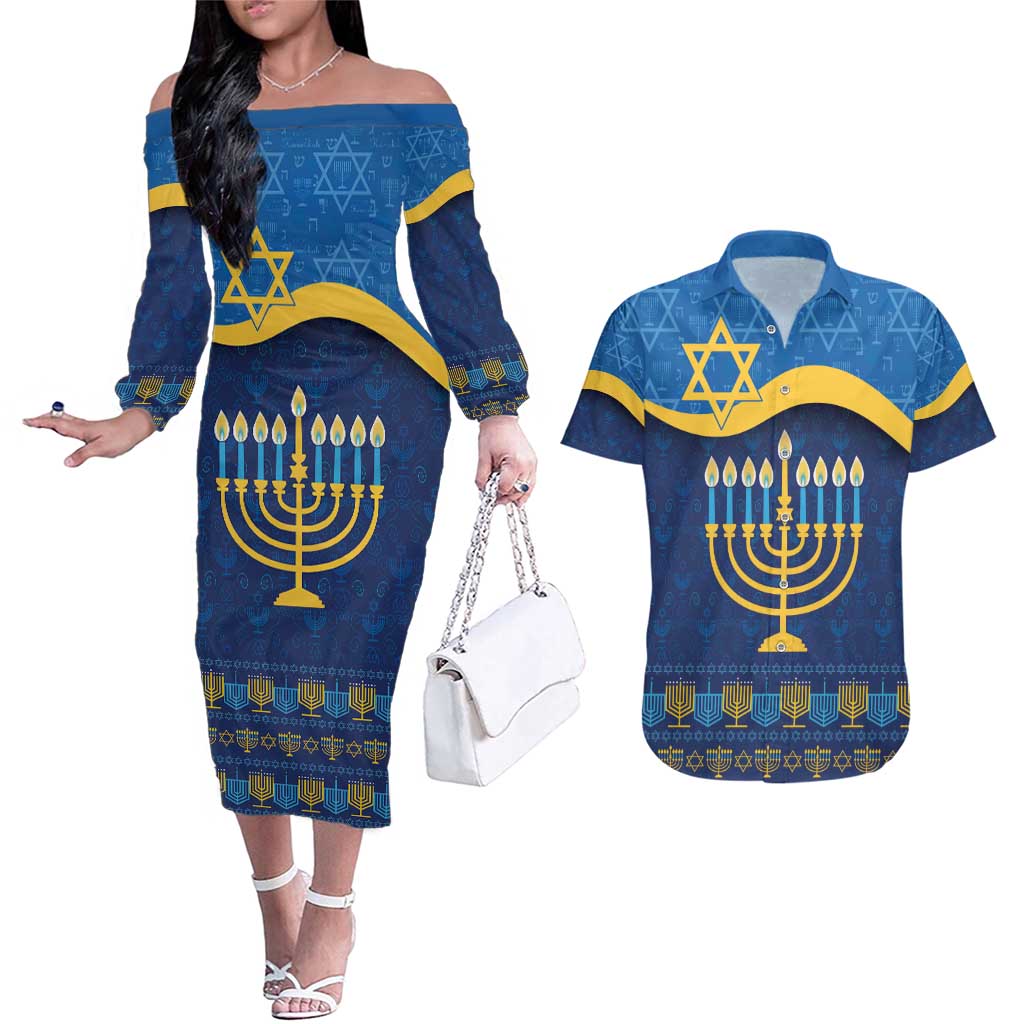 Love and Light Hanukkah Couples Matching Off The Shoulder Long Sleeve Dress and Hawaiian Shirt The Hanukkiah Menorah Pattern LT9 - Wonder Print Shop
