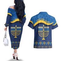 Love and Light Hanukkah Couples Matching Off The Shoulder Long Sleeve Dress and Hawaiian Shirt The Hanukkiah Menorah Pattern LT9 - Wonder Print Shop