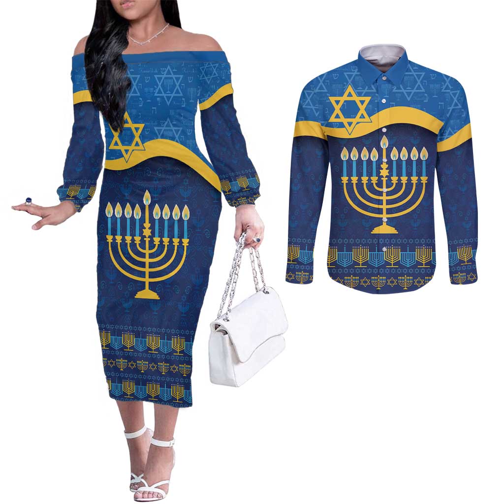 Love and Light Hanukkah Couples Matching Off The Shoulder Long Sleeve Dress and Long Sleeve Button Shirt The Hanukkiah Menorah Pattern