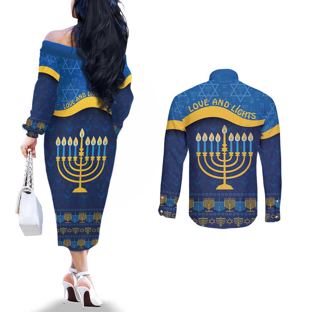Love and Light Hanukkah Couples Matching Off The Shoulder Long Sleeve Dress and Long Sleeve Button Shirt The Hanukkiah Menorah Pattern