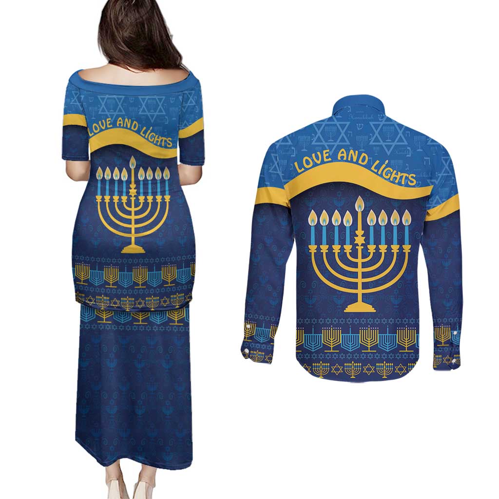 Love and Light Hanukkah Couples Matching Puletasi and Long Sleeve Button Shirt The Hanukkiah Menorah Pattern LT9 - Wonder Print Shop