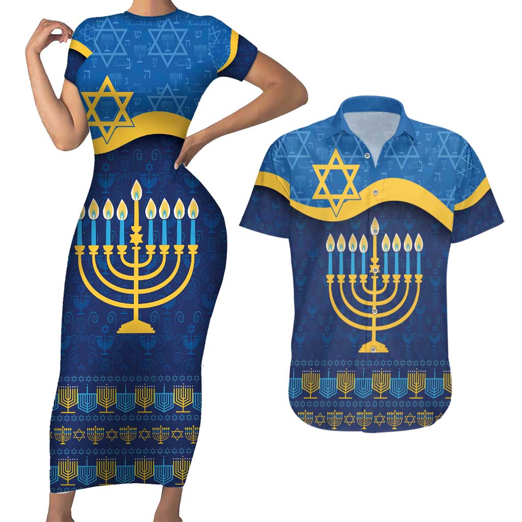 Love and Light Hanukkah Couples Matching Short Sleeve Bodycon Dress and Hawaiian Shirt The Hanukkiah Menorah Pattern LT9 - Wonder Print Shop
