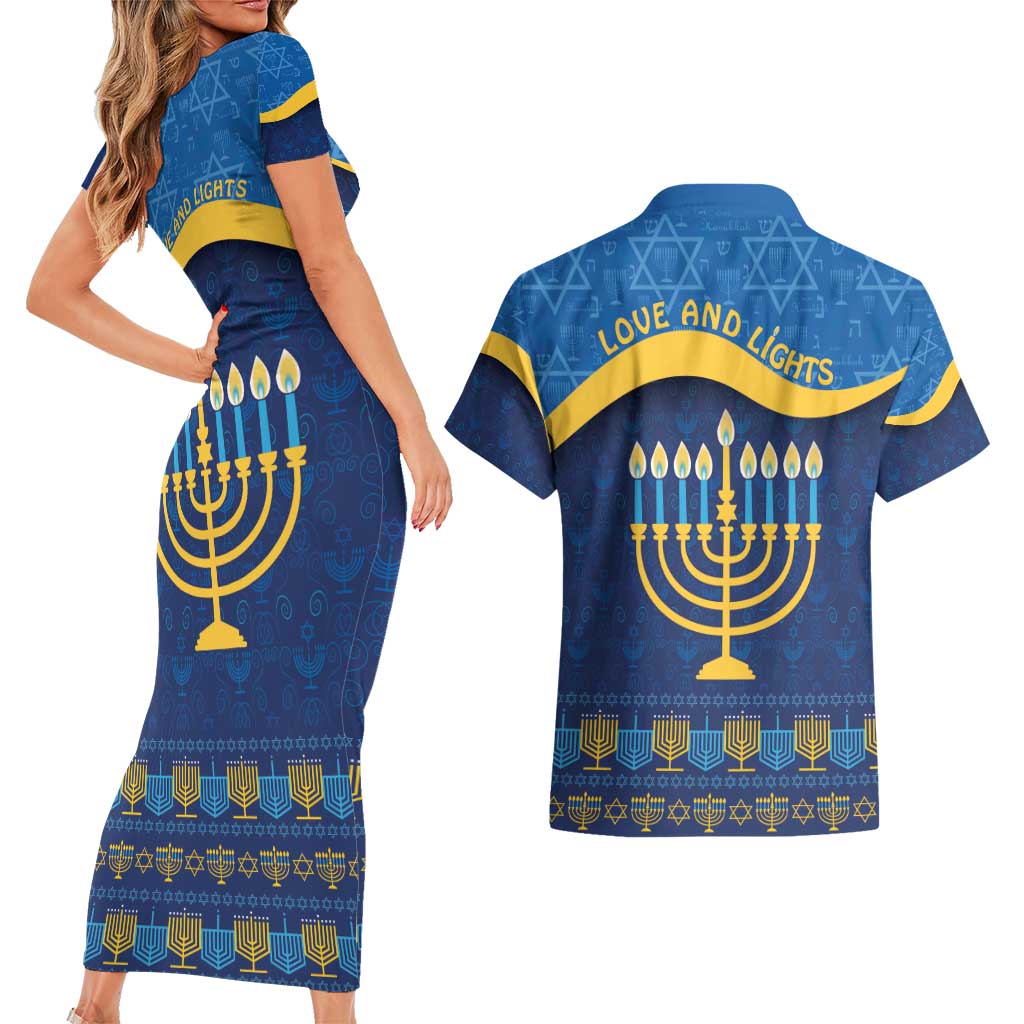 Love and Light Hanukkah Couples Matching Short Sleeve Bodycon Dress and Hawaiian Shirt The Hanukkiah Menorah Pattern LT9 - Wonder Print Shop