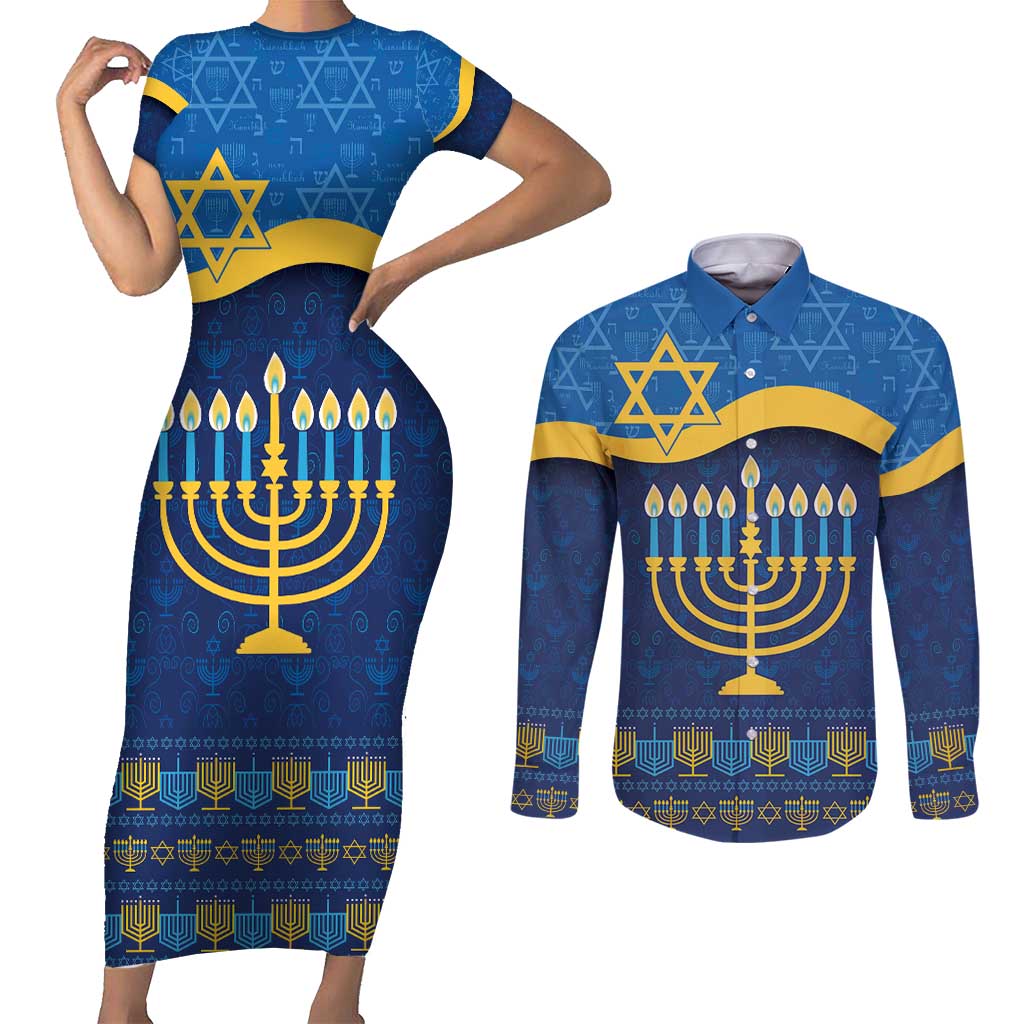 Love and Light Hanukkah Couples Matching Short Sleeve Bodycon Dress and Long Sleeve Button Shirt The Hanukkiah Menorah Pattern LT9 - Wonder Print Shop