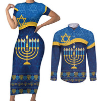 Love and Light Hanukkah Couples Matching Short Sleeve Bodycon Dress and Long Sleeve Button Shirt The Hanukkiah Menorah Pattern LT9 - Wonder Print Shop