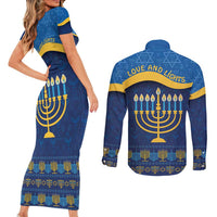 Love and Light Hanukkah Couples Matching Short Sleeve Bodycon Dress and Long Sleeve Button Shirt The Hanukkiah Menorah Pattern LT9 - Wonder Print Shop