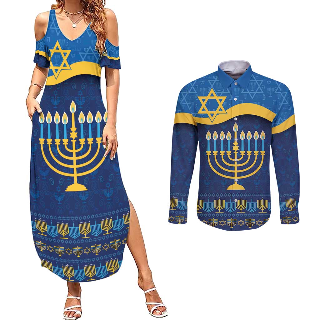 Love and Light Hanukkah Couples Matching Summer Maxi Dress and Long Sleeve Button Shirt The Hanukkiah Menorah Pattern LT9 - Wonder Print Shop
