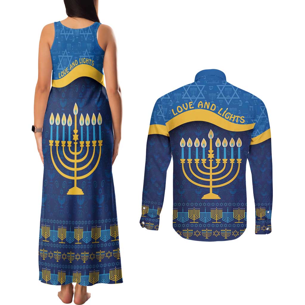 Love and Light Hanukkah Couples Matching Tank Maxi Dress and Long Sleeve Button Shirt The Hanukkiah Menorah Pattern LT9 - Wonder Print Shop
