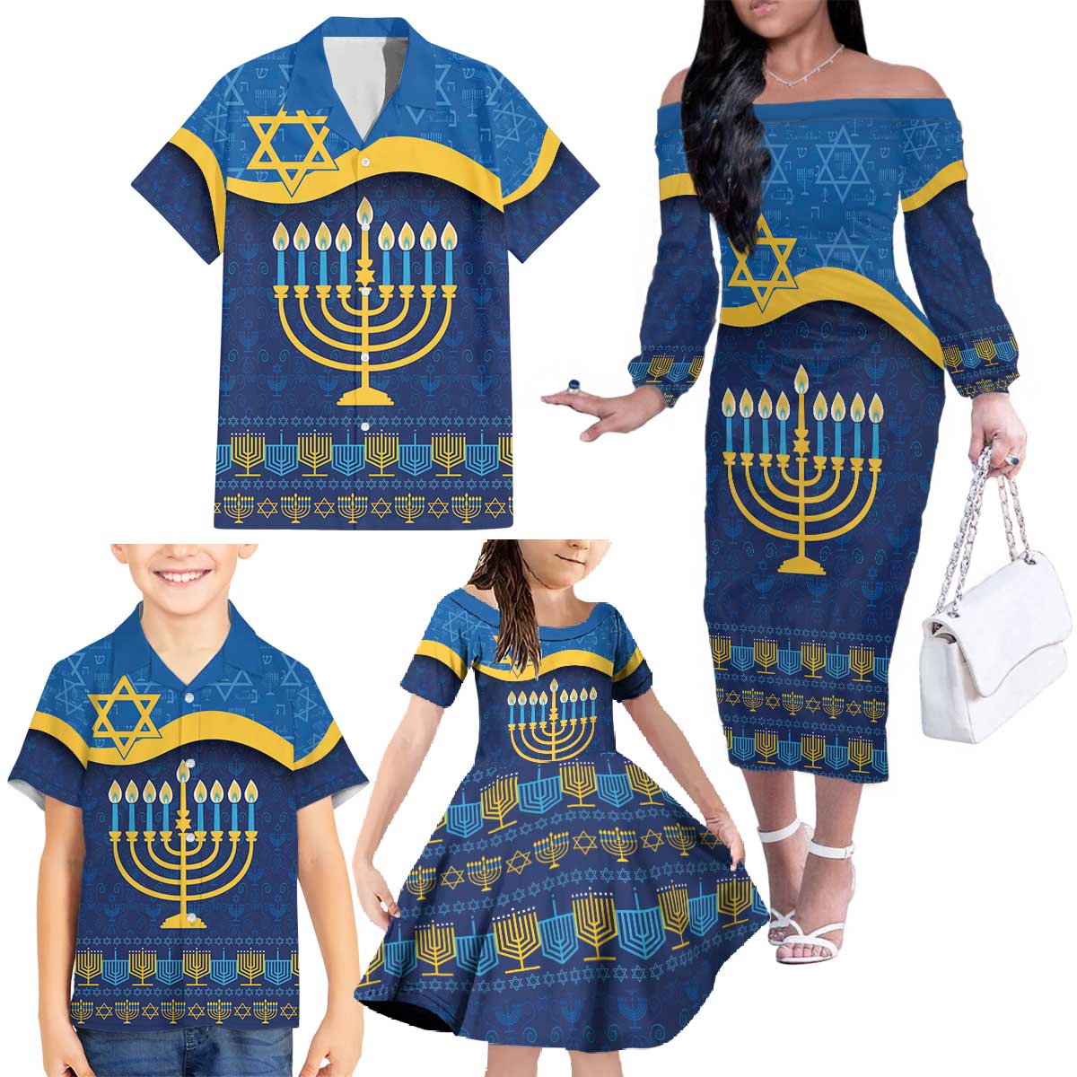 Love and Light Hanukkah Family Matching Off The Shoulder Long Sleeve Dress and Hawaiian Shirt The Hanukkiah Menorah Pattern - Wonder Print Shop