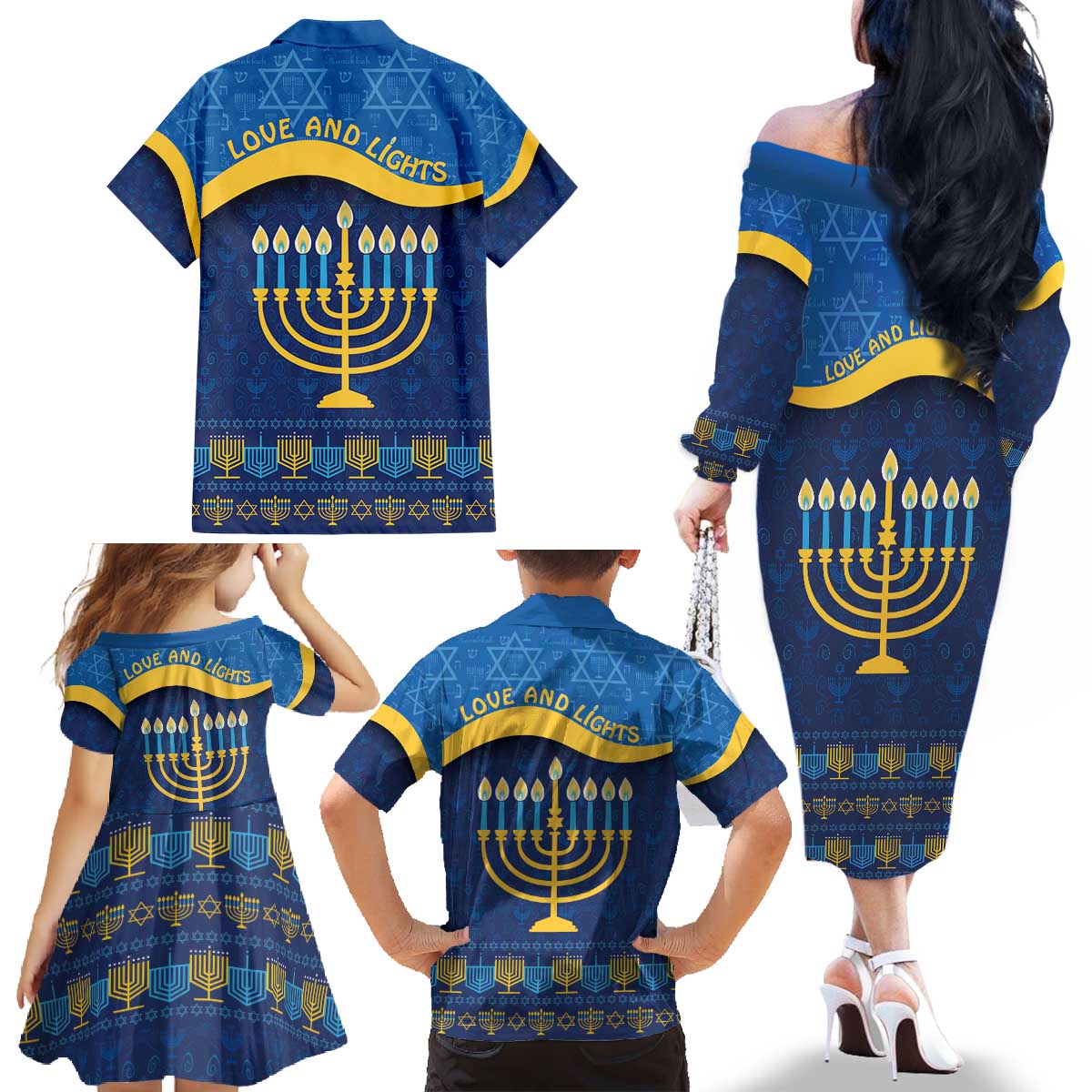 Love and Light Hanukkah Family Matching Off The Shoulder Long Sleeve Dress and Hawaiian Shirt The Hanukkiah Menorah Pattern - Wonder Print Shop