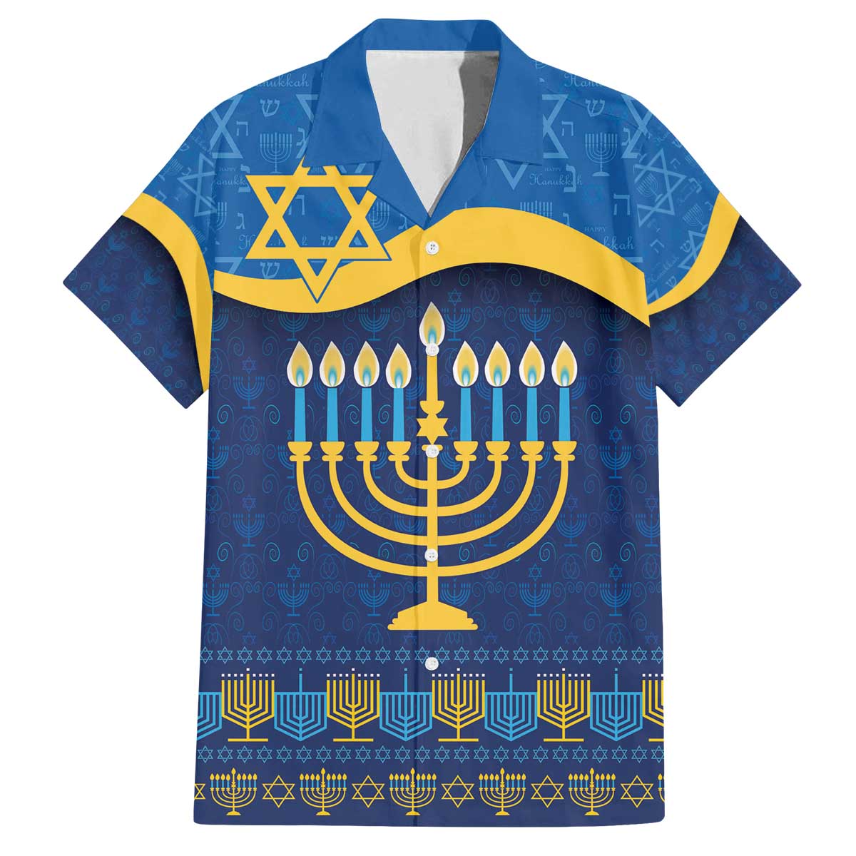Love and Light Hanukkah Family Matching Off The Shoulder Long Sleeve Dress and Hawaiian Shirt The Hanukkiah Menorah Pattern - Wonder Print Shop
