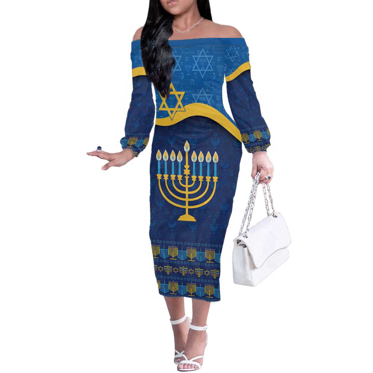 Love and Light Hanukkah Family Matching Off The Shoulder Long Sleeve Dress and Hawaiian Shirt The Hanukkiah Menorah Pattern - Wonder Print Shop