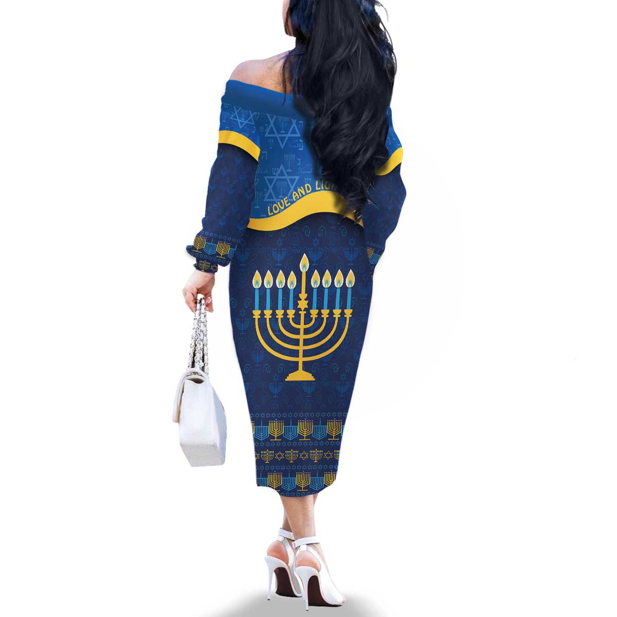 Love and Light Hanukkah Family Matching Off The Shoulder Long Sleeve Dress and Hawaiian Shirt The Hanukkiah Menorah Pattern - Wonder Print Shop