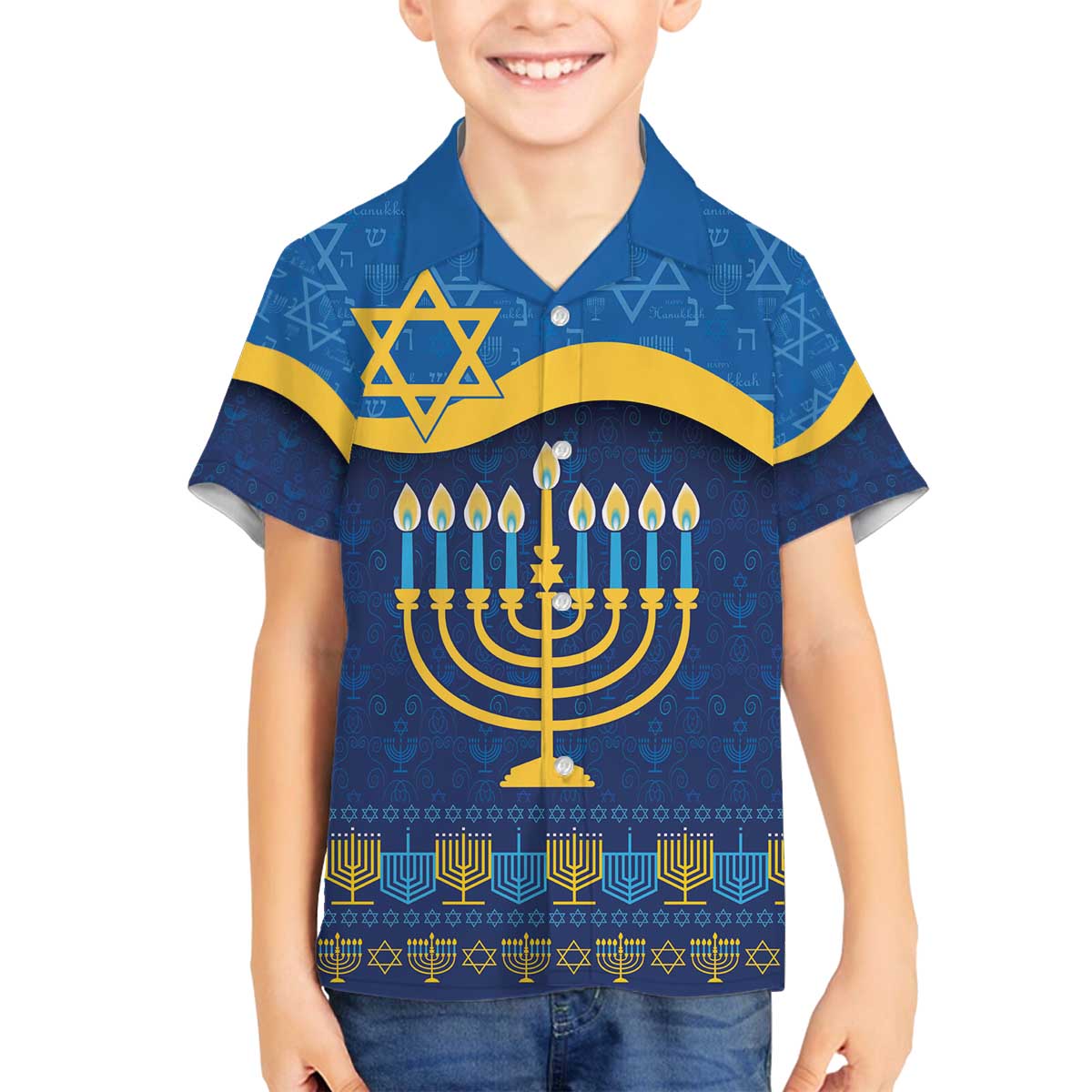 Love and Light Hanukkah Family Matching Off The Shoulder Long Sleeve Dress and Hawaiian Shirt The Hanukkiah Menorah Pattern - Wonder Print Shop