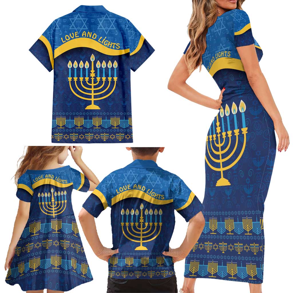 Love and Light Hanukkah Family Matching Short Sleeve Bodycon Dress and Hawaiian Shirt The Hanukkiah Menorah Pattern - Wonder Print Shop