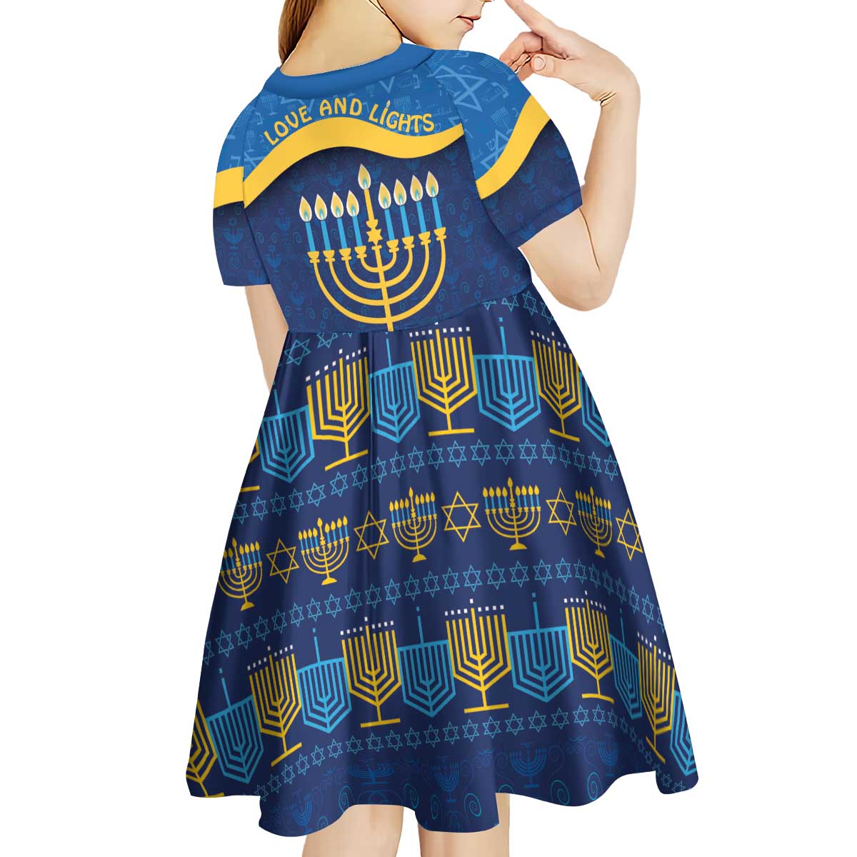 Love and Light Hanukkah Kid Short Sleeve Dress The Hanukkiah Menorah Pattern - Wonder Print Shop