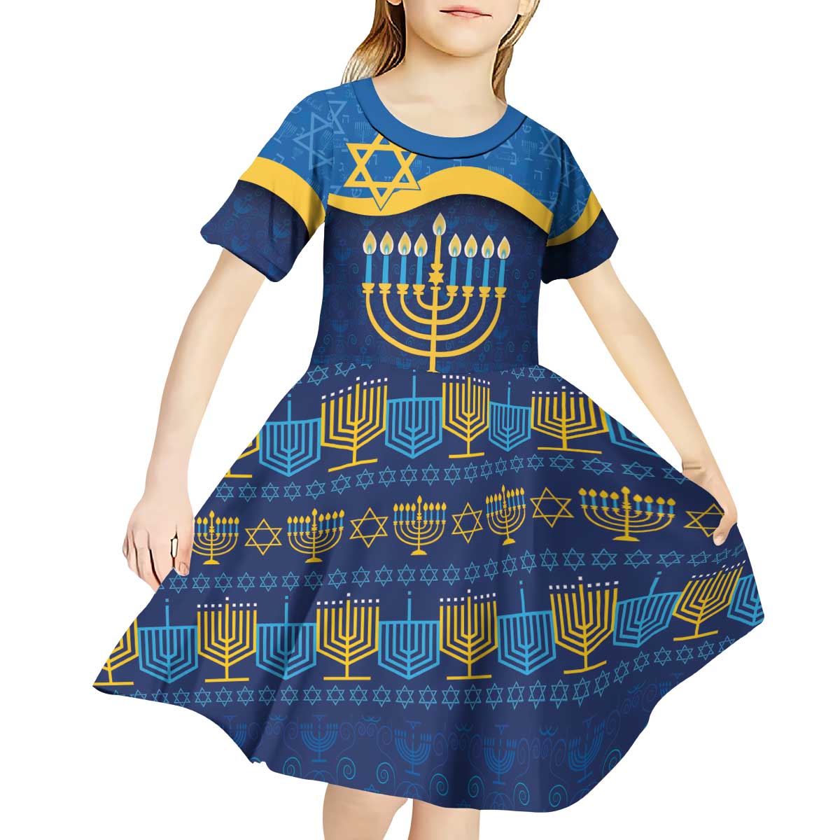 Love and Light Hanukkah Kid Short Sleeve Dress The Hanukkiah Menorah Pattern - Wonder Print Shop
