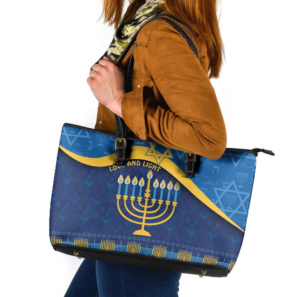 Love and Light Hanukkah Leather Tote Bag The Hanukkiah Menorah Pattern - Wonder Print Shop