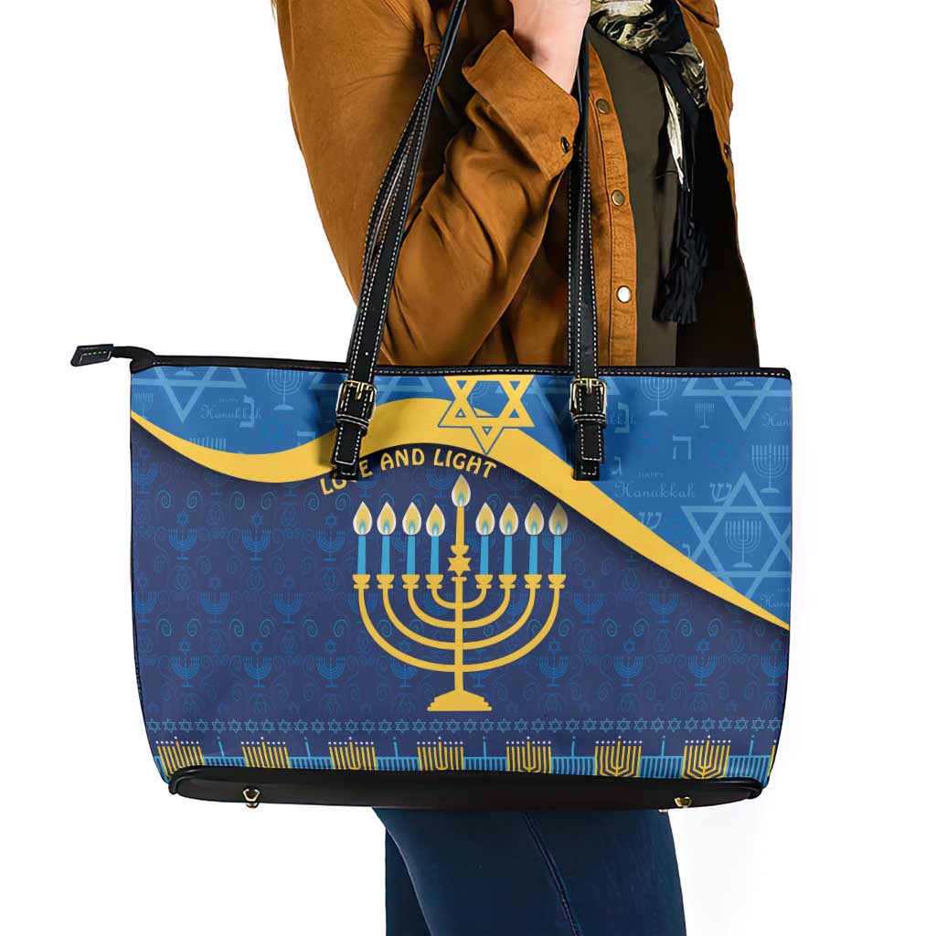 Love and Light Hanukkah Leather Tote Bag The Hanukkiah Menorah Pattern - Wonder Print Shop