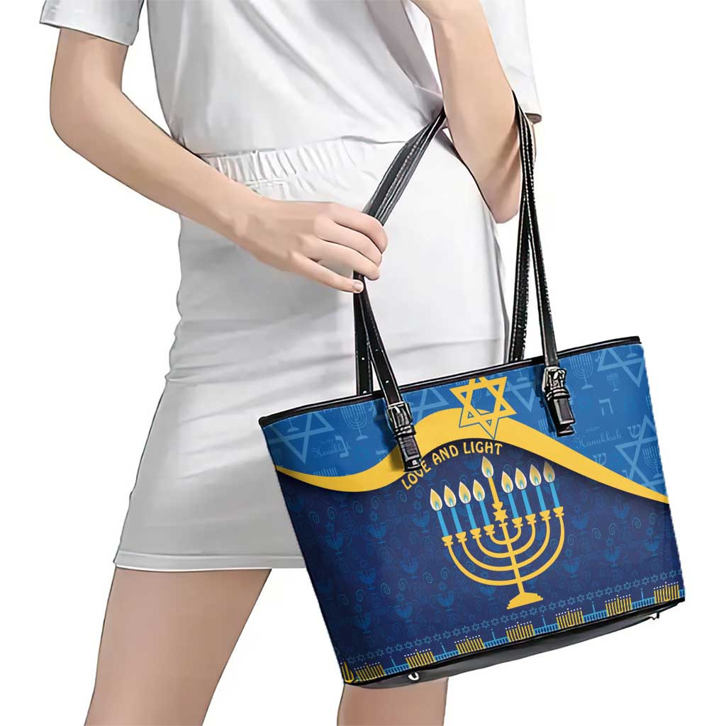 Love and Light Hanukkah Leather Tote Bag The Hanukkiah Menorah Pattern - Wonder Print Shop