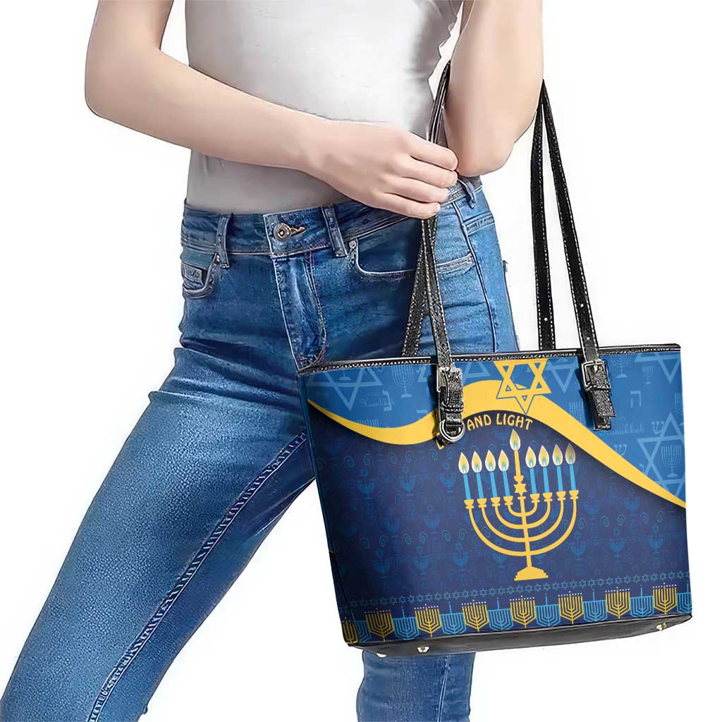 Love and Light Hanukkah Leather Tote Bag The Hanukkiah Menorah Pattern - Wonder Print Shop