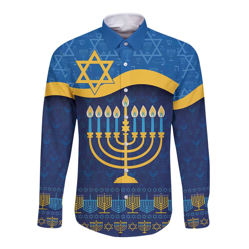 Love and Light Hanukkah Long Sleeve Button Shirt The Hanukkiah Menorah Pattern - Wonder Print Shop