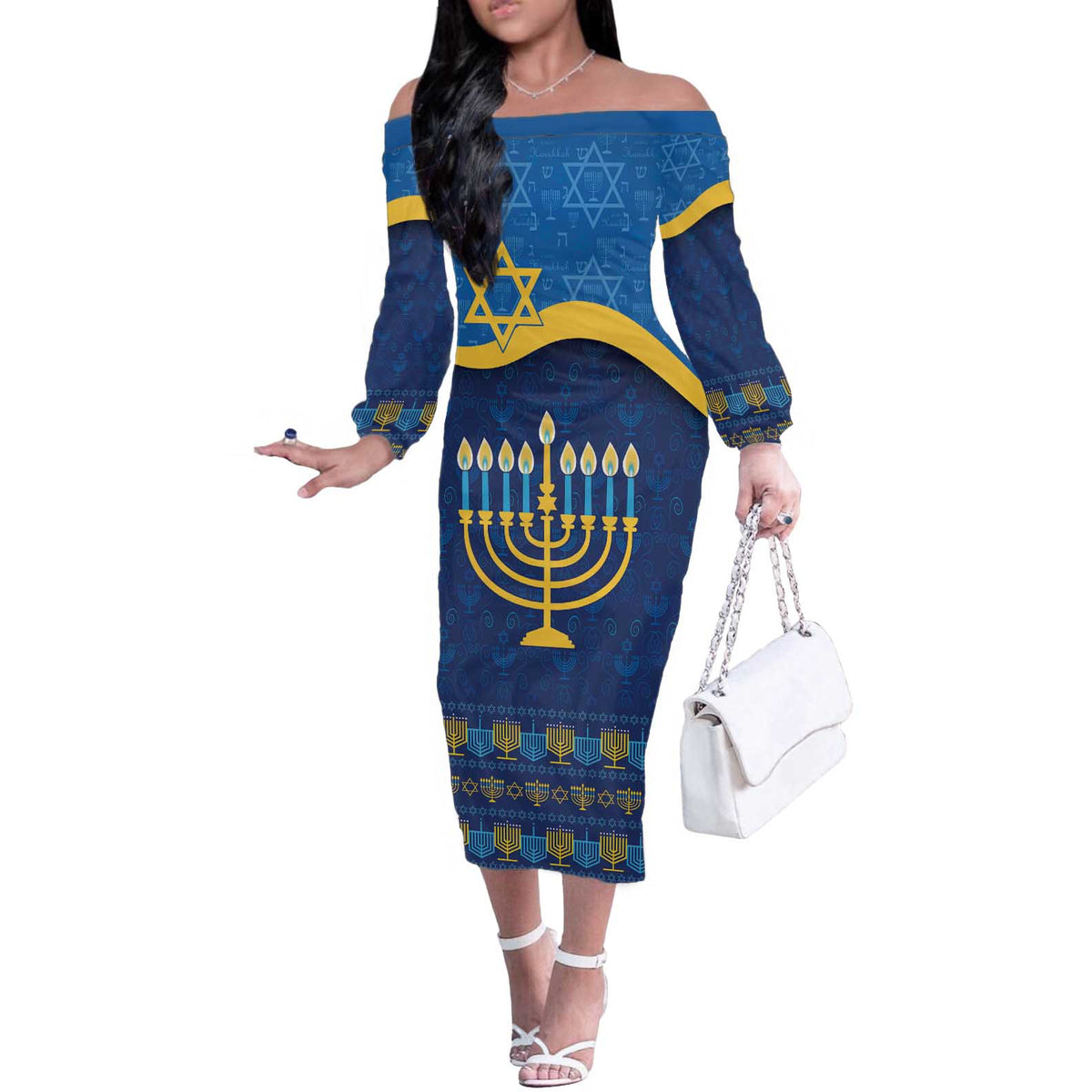 Love and Light Hanukkah Off The Shoulder Long Sleeve Dress The Hanukkiah Menorah Pattern - Wonder Print Shop