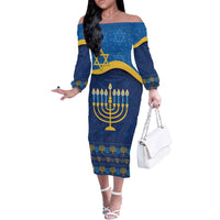 Love and Light Hanukkah Off The Shoulder Long Sleeve Dress The Hanukkiah Menorah Pattern - Wonder Print Shop