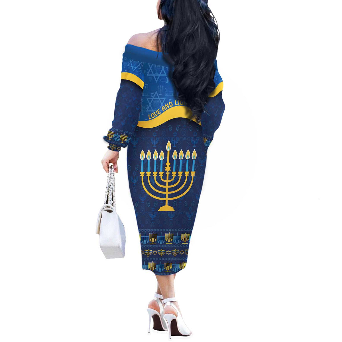 Love and Light Hanukkah Off The Shoulder Long Sleeve Dress The Hanukkiah Menorah Pattern - Wonder Print Shop