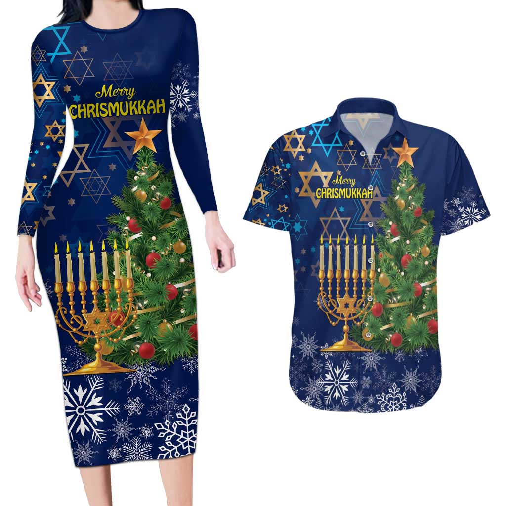 Merry Chrismukkah Couples Matching Long Sleeve Bodycon Dress and Hawaiian Shirt Merry Christmas and Happy Hanukkah LT9 - Wonder Print Shop