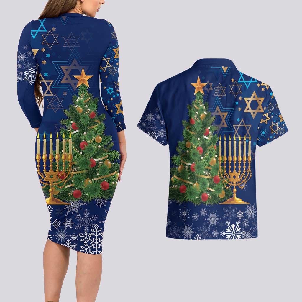 Merry Chrismukkah Couples Matching Long Sleeve Bodycon Dress and Hawaiian Shirt Merry Christmas and Happy Hanukkah LT9 - Wonder Print Shop
