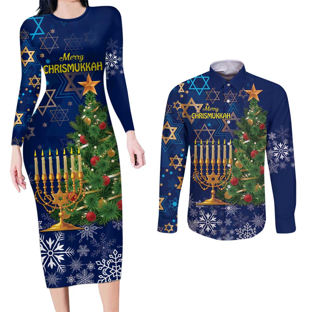 Merry Chrismukkah Couples Matching Long Sleeve Bodycon Dress and Long Sleeve Button Shirt Merry Christmas and Happy Hanukkah LT9 - Wonder Print Shop