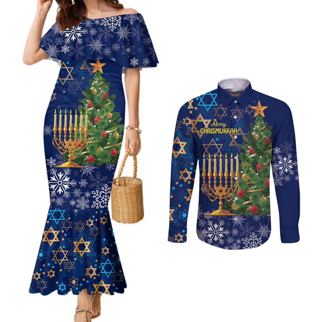 Merry Chrismukkah Couples Matching Mermaid Dress and Long Sleeve Button Shirt Merry Christmas and Happy Hanukkah