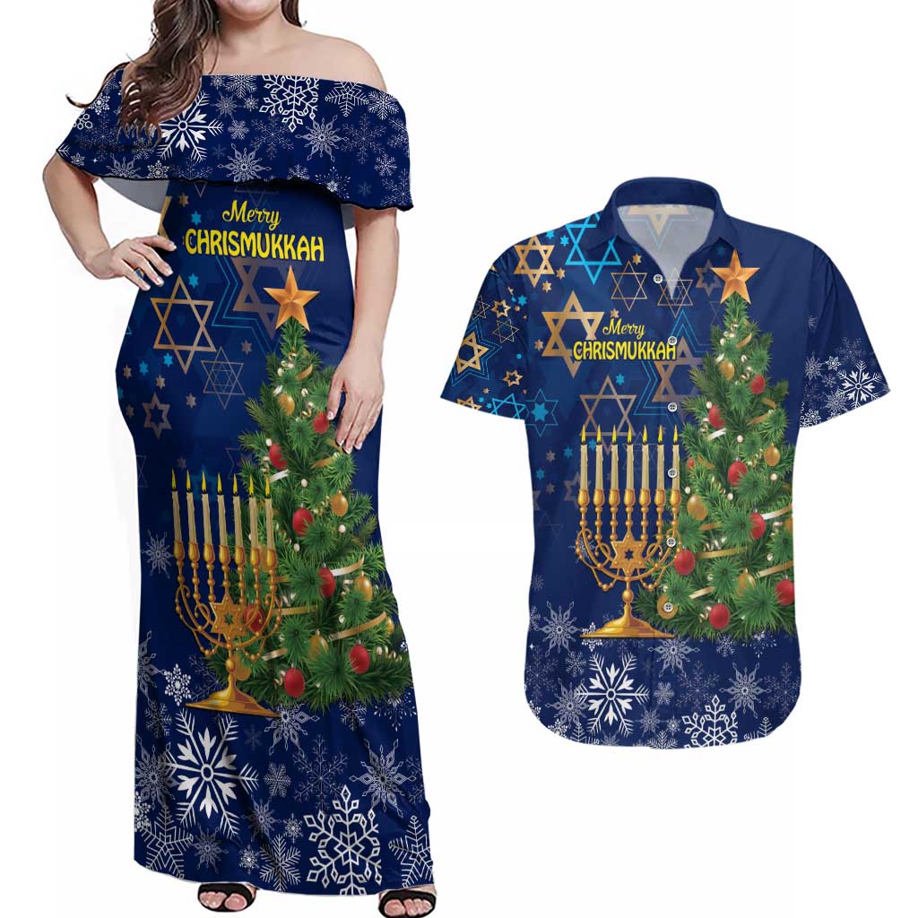 Merry Chrismukkah Couples Matching Off Shoulder Maxi Dress and Hawaiian Shirt Merry Christmas and Happy Hanukkah LT9 - Wonder Print Shop
