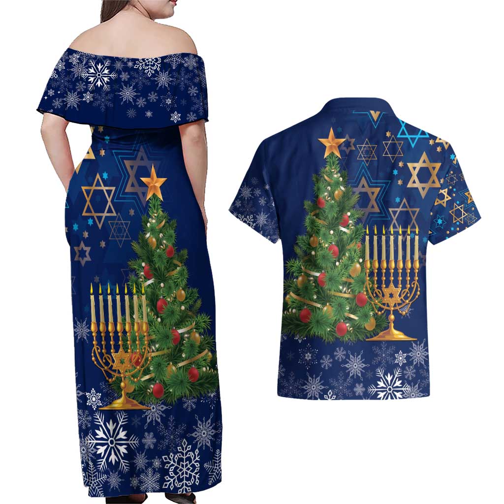 Merry Chrismukkah Couples Matching Off Shoulder Maxi Dress and Hawaiian Shirt Merry Christmas and Happy Hanukkah LT9 - Wonder Print Shop
