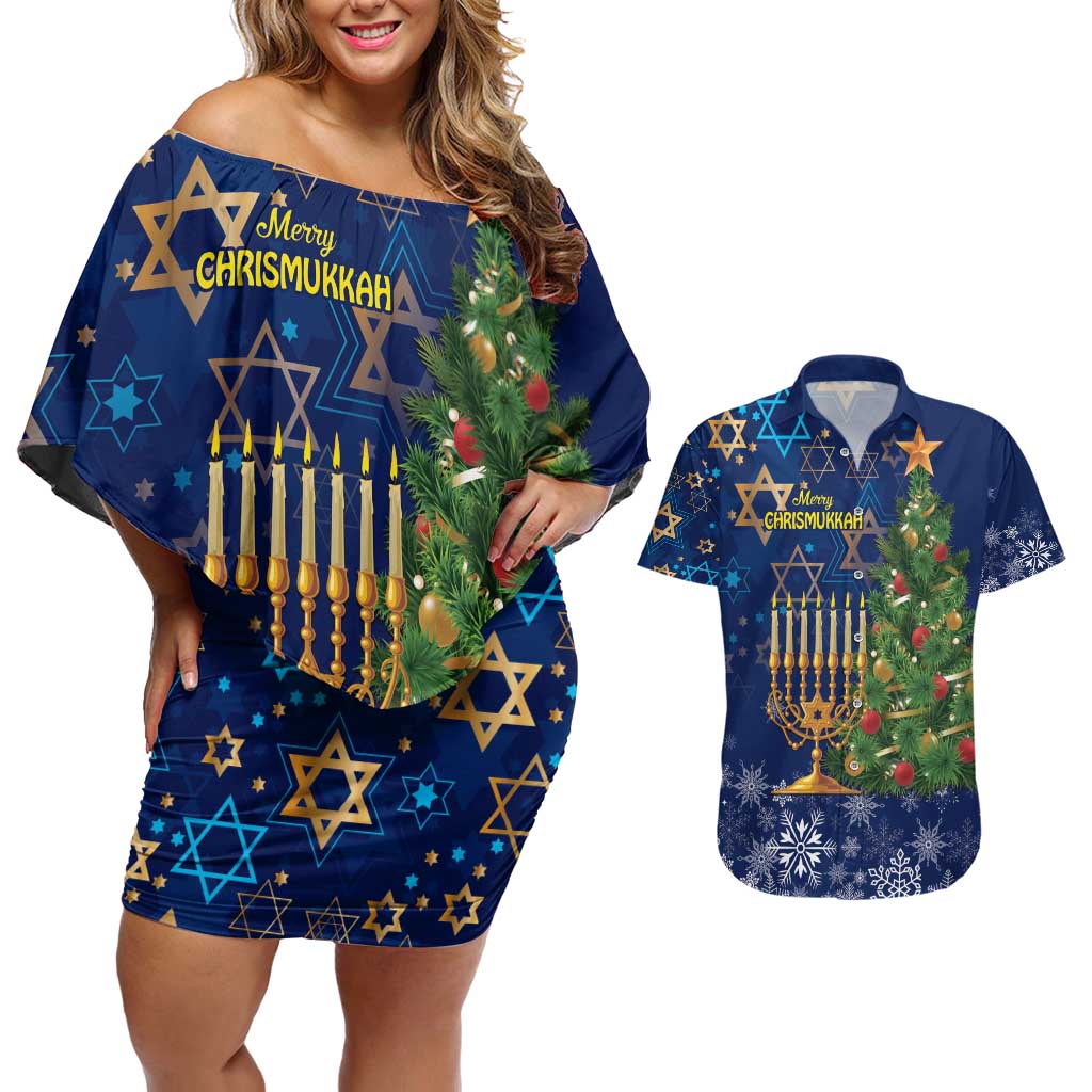Merry Chrismukkah Couples Matching Off Shoulder Short Dress and Hawaiian Shirt Merry Christmas and Happy Hanukkah LT9 - Wonder Print Shop