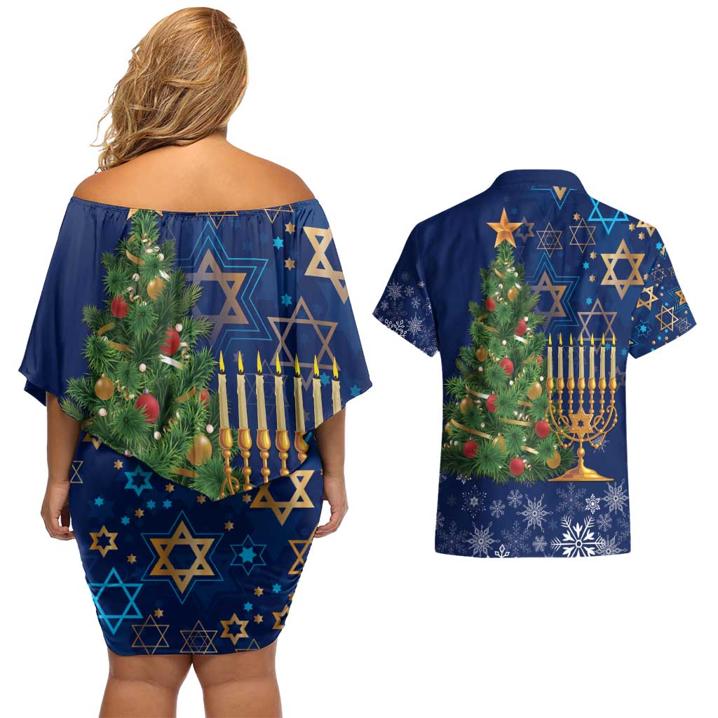 Merry Chrismukkah Couples Matching Off Shoulder Short Dress and Hawaiian Shirt Merry Christmas and Happy Hanukkah LT9 - Wonder Print Shop
