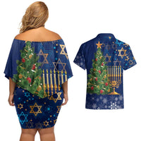 Merry Chrismukkah Couples Matching Off Shoulder Short Dress and Hawaiian Shirt Merry Christmas and Happy Hanukkah LT9 - Wonder Print Shop
