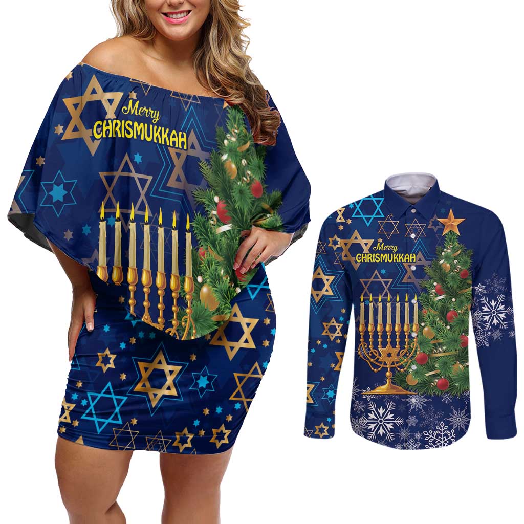 Merry Chrismukkah Couples Matching Off Shoulder Short Dress and Long Sleeve Button Shirt Merry Christmas and Happy Hanukkah LT9 - Wonder Print Shop