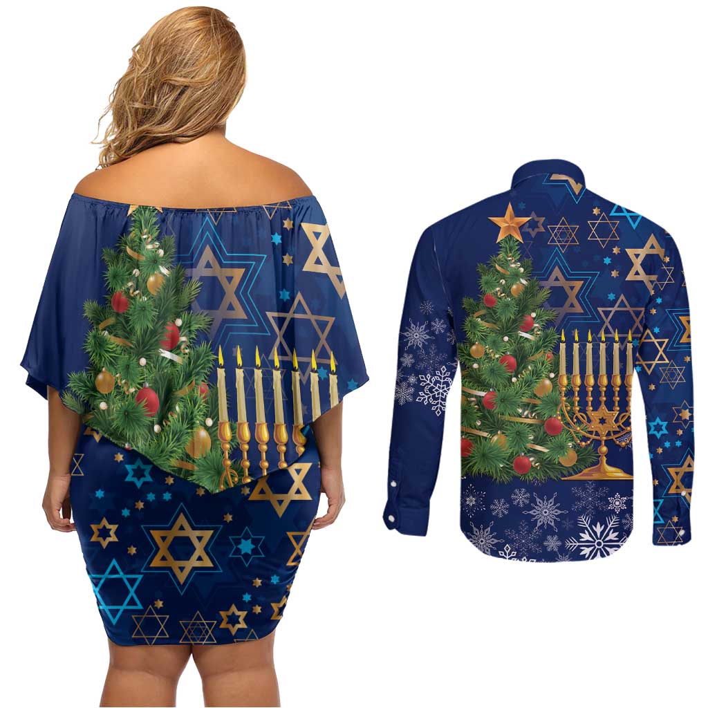 Merry Chrismukkah Couples Matching Off Shoulder Short Dress and Long Sleeve Button Shirt Merry Christmas and Happy Hanukkah LT9 - Wonder Print Shop