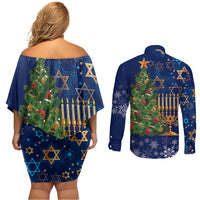 Merry Chrismukkah Couples Matching Off Shoulder Short Dress and Long Sleeve Button Shirt Merry Christmas and Happy Hanukkah LT9 - Wonder Print Shop