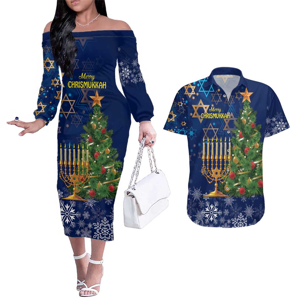 Merry Chrismukkah Couples Matching Off The Shoulder Long Sleeve Dress and Hawaiian Shirt Merry Christmas and Happy Hanukkah LT9 - Wonder Print Shop